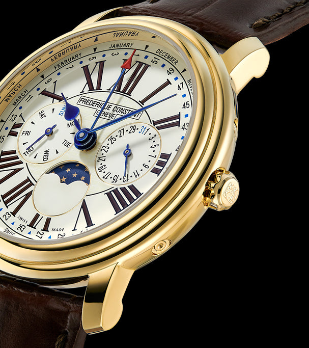 Luxury wristwatch with a gold case, white dial, and multiple complications including a moon phase indicator.