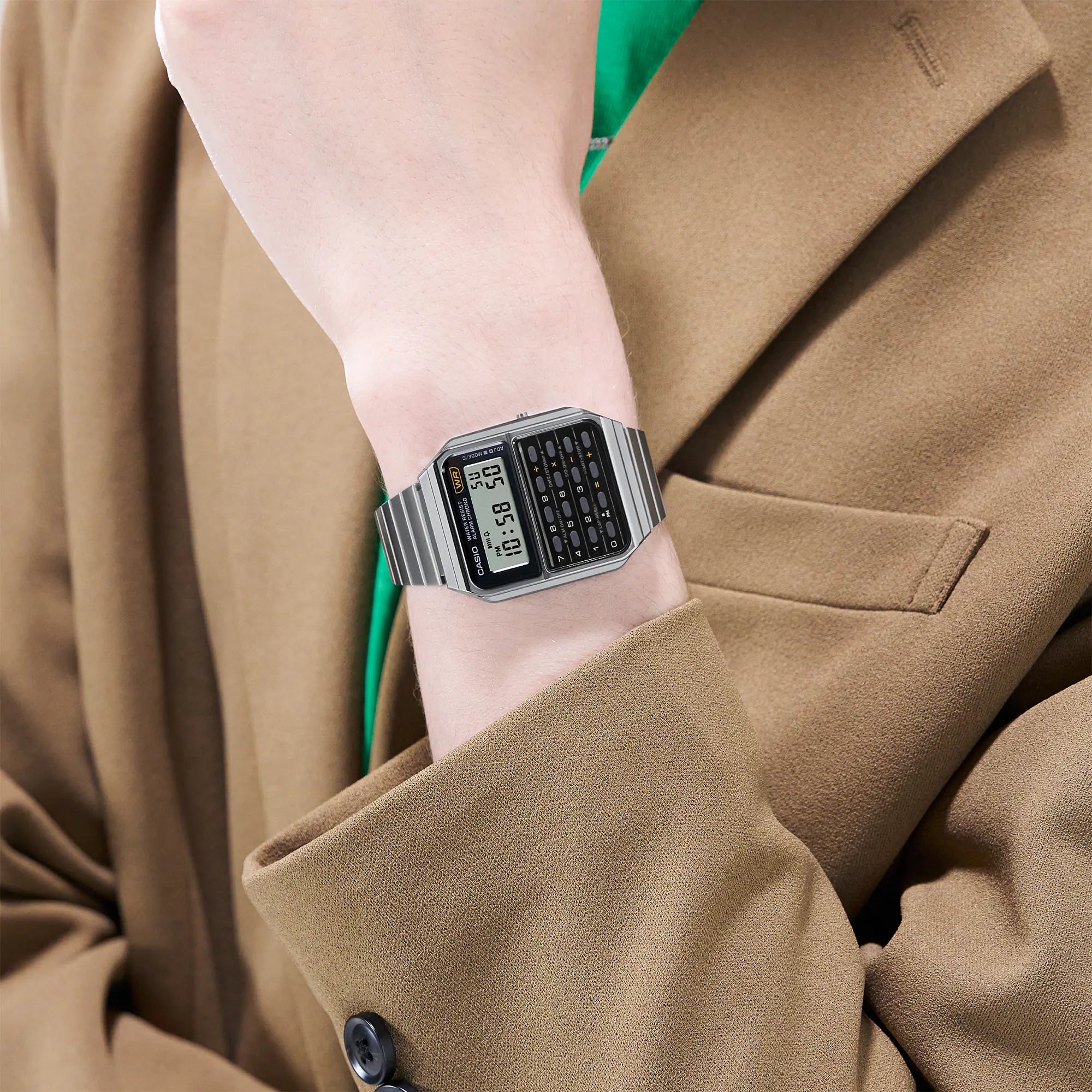 Casio Vintage Calculator Black Dial Stainless Steel Band Watch CA500WE-1A