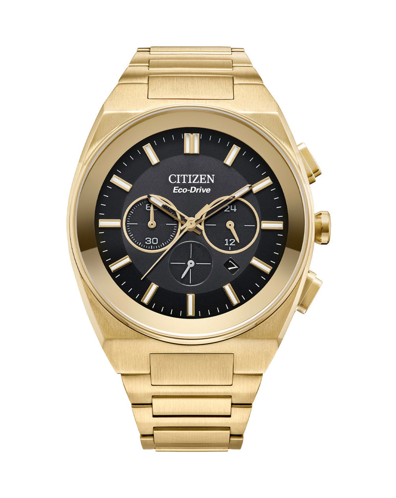 Gold-toned Citizen wristwatch with a black dial and chronograph subdials.