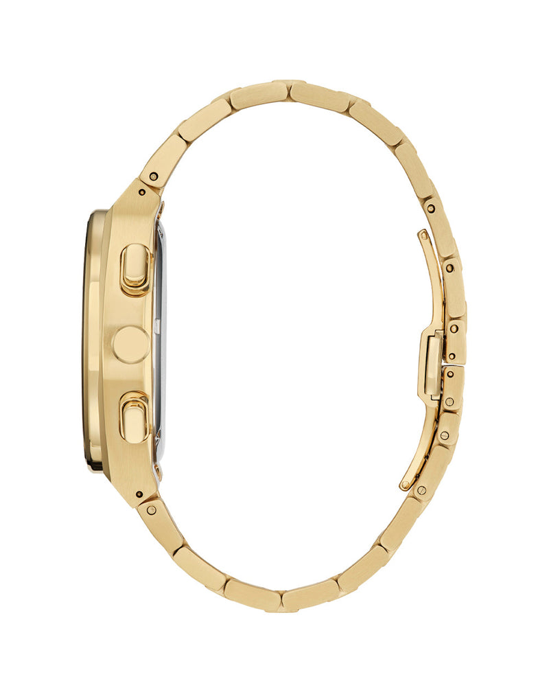 Gold-toned wristwatch with a circular face and metal link band.