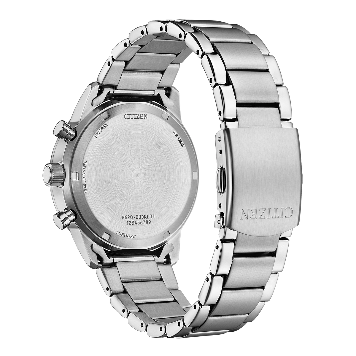 Citizen CA4720-52L pilot chronograph case-back view showing screw-down back and Eco-Drive markings