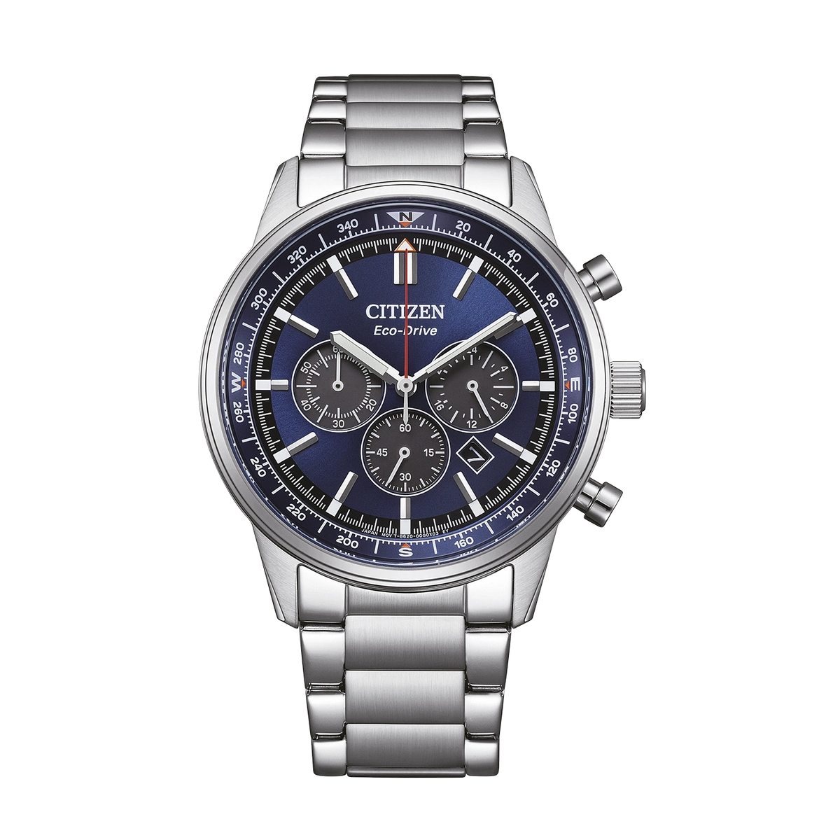 Citizen CA4720-52L Chrono Pilot blue dial, official front product shot showing steel case and bracelet