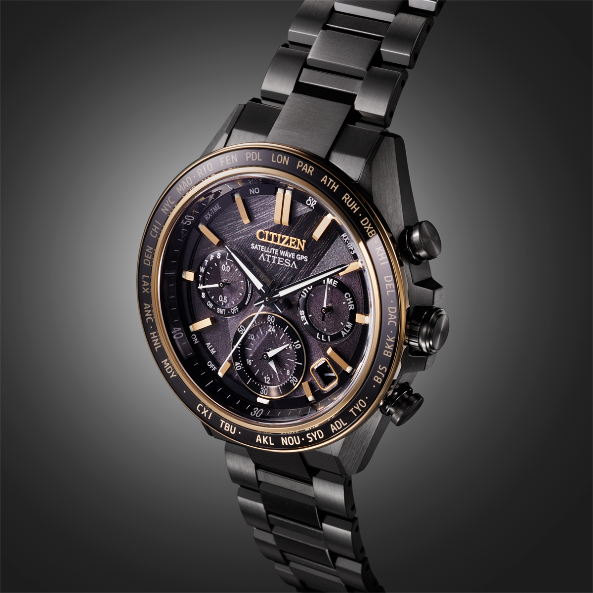 Citizen Attesa Light in Black CC4078-51E men's watch black dial black titanium bracelet dial detail