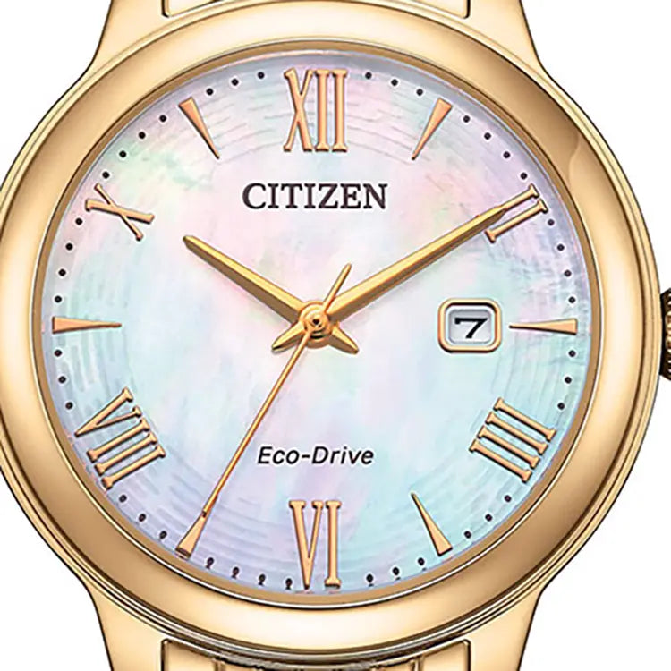 Citizen EW2623-53D close-up of the pale mother-of-pearl dial and indices