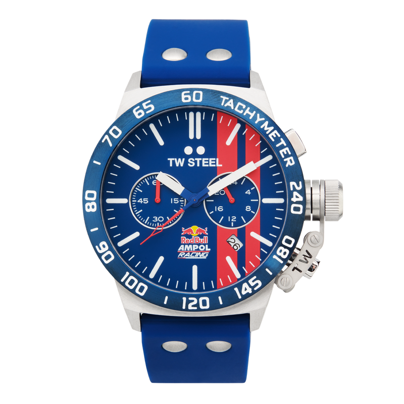 Sporty wristwatch with a blue and red dial, blue bezel, and blue strap featuring Red Bull branding.