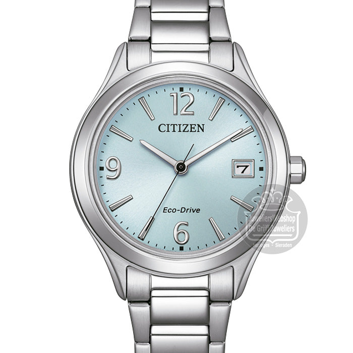 Citizen FE6121-67L blue dial ladies watch, second angle showing case profile and stainless steel bracelet
