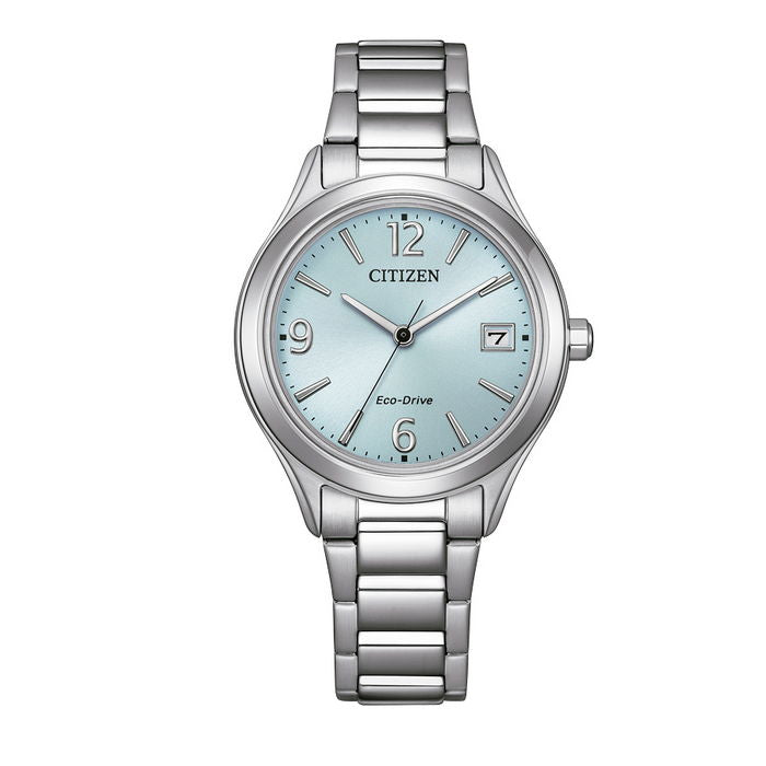 Citizen FE6121-67L Lady Sporty Eco-Drive light blue dial with date, front product shot on steel case and bracelet