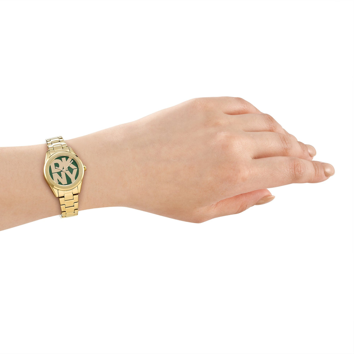 DKNY Logo Gold 28mm Green Dial Womens Watch + Gold Bracelet DK1L145M0065