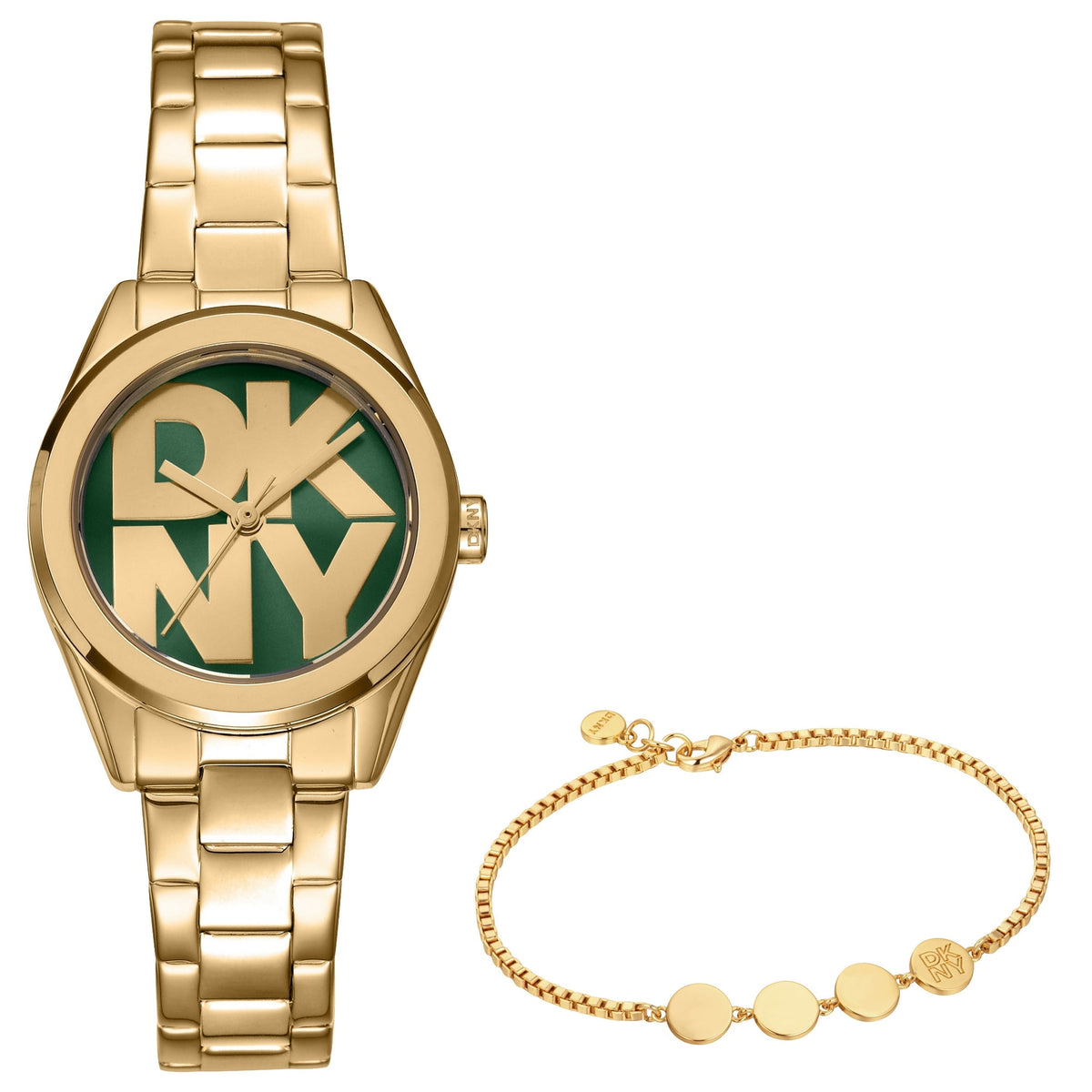 DKNY Logo Gold 28mm Green Dial Womens Watch + Gold Bracelet DK1L145M0065