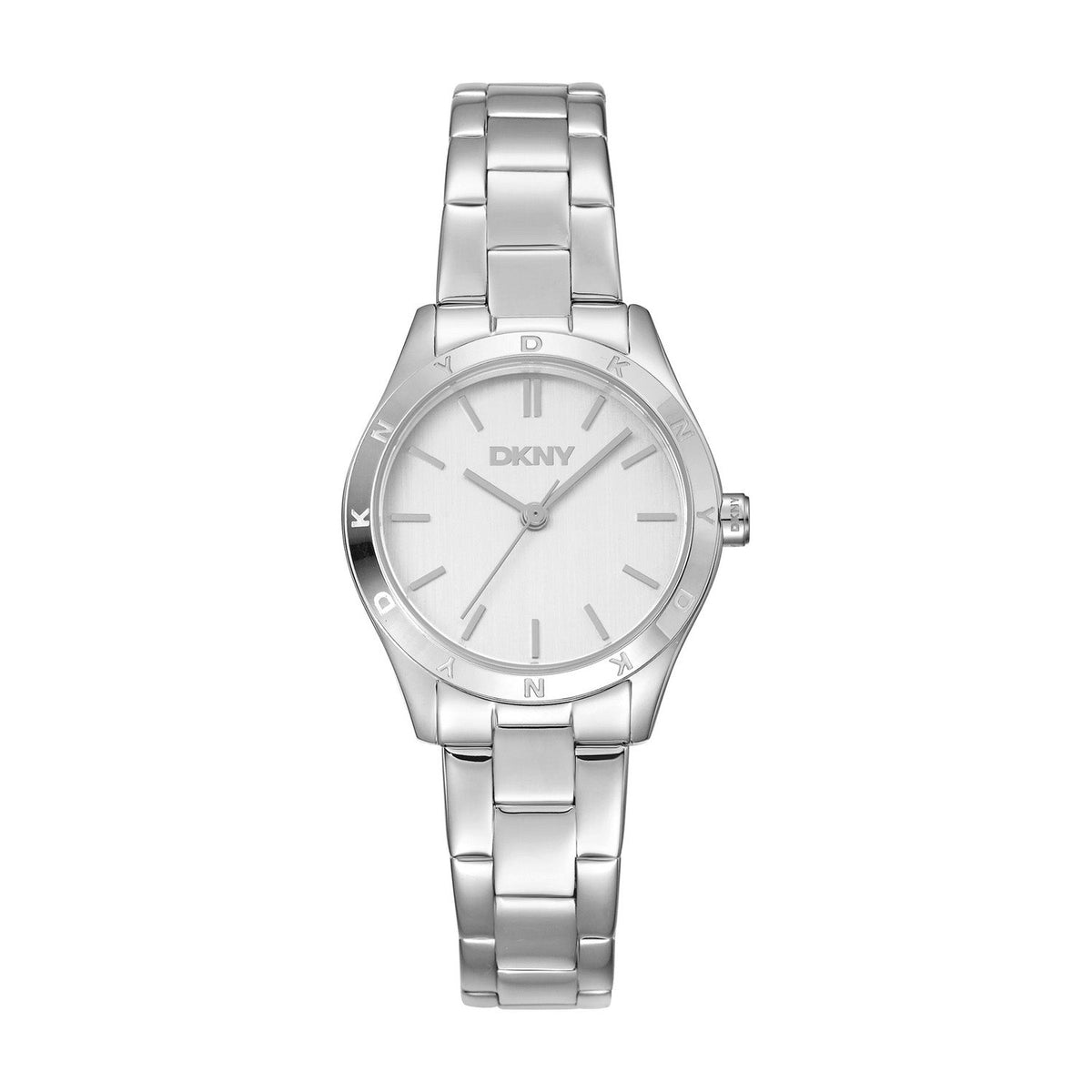 DKNY Logo Silver Dial Silver Steel Womens Watch DK1L147M0035 front packshot