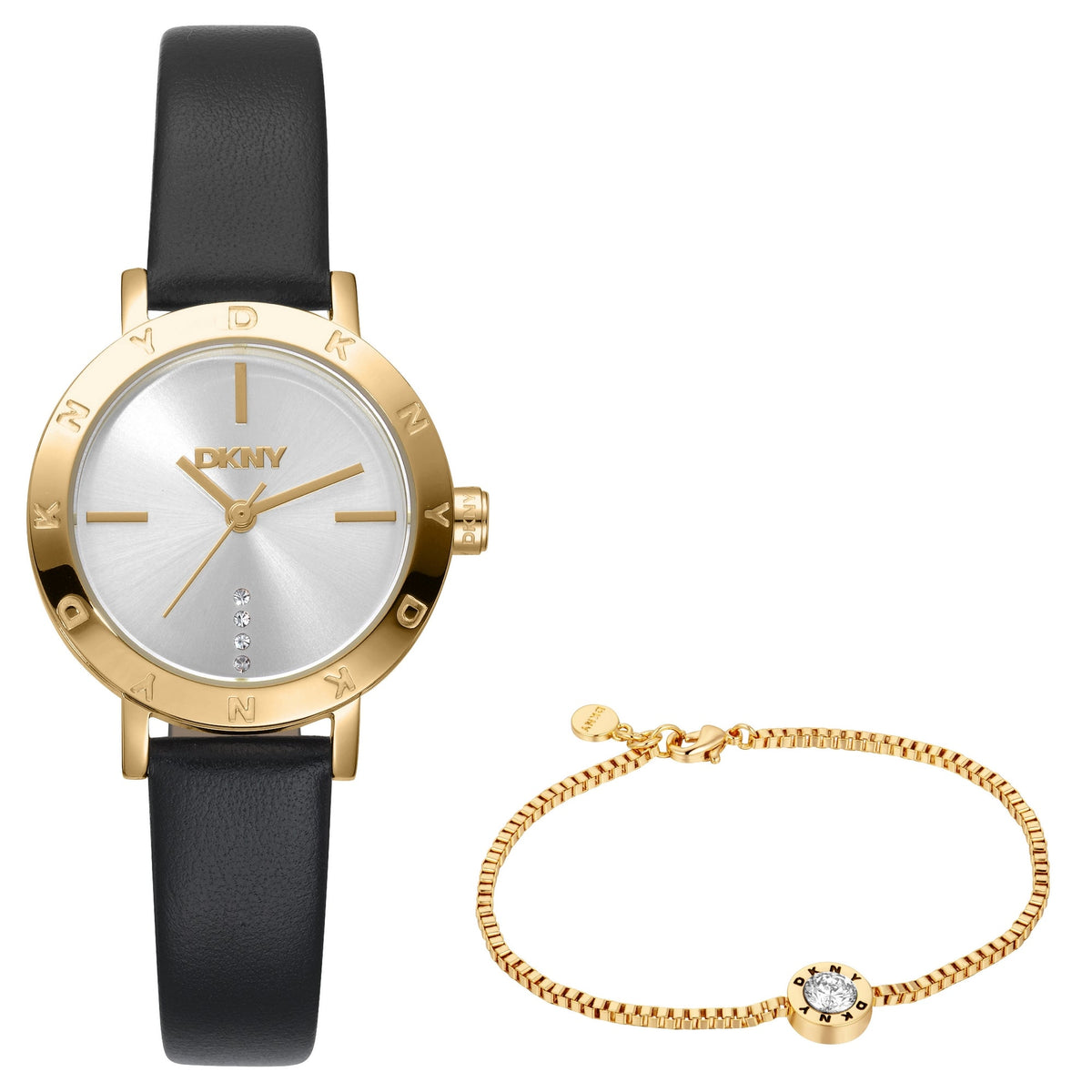 DKNY Essentials Gold 28mm Silver Dial Womens Watch + Gold Bracelet DK1L165L0025