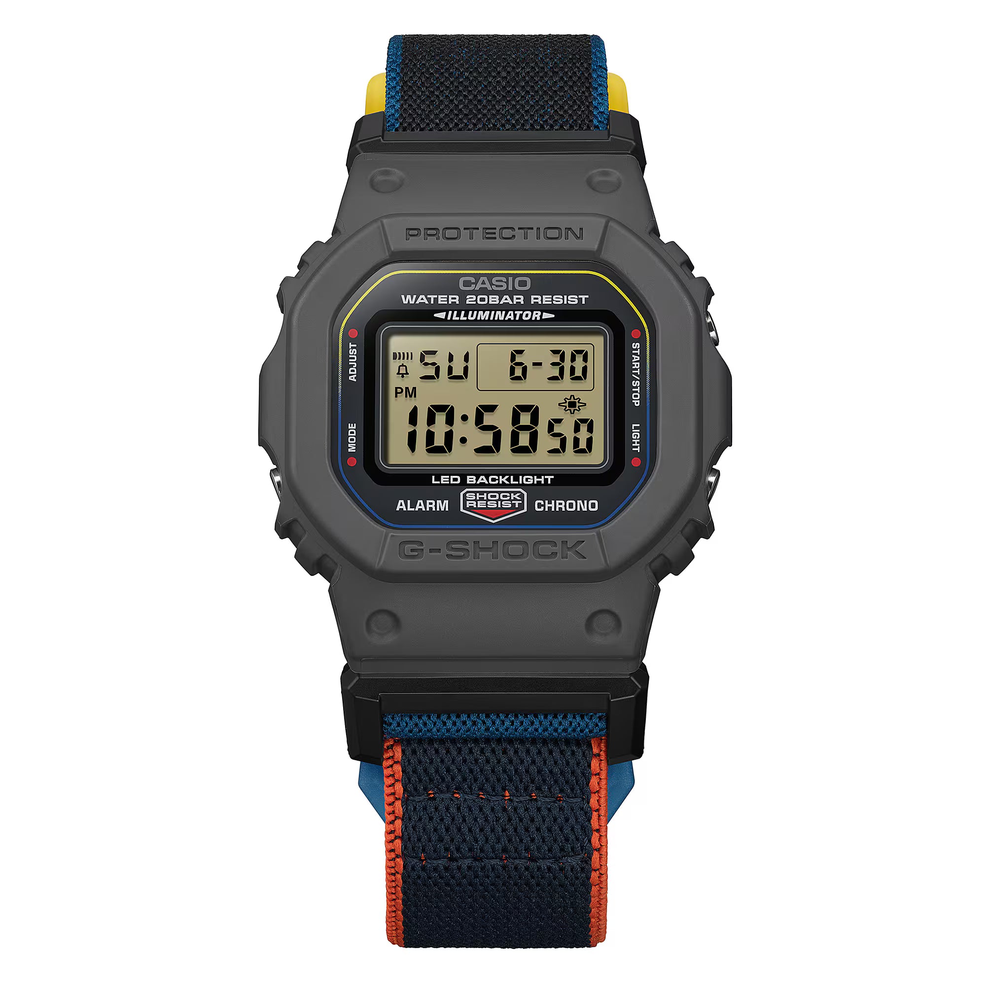 G-Shock Digital Black Case Multi Colour Band Nylon FIDLOCK Clasp Band Watch DW5600MNC-8A2