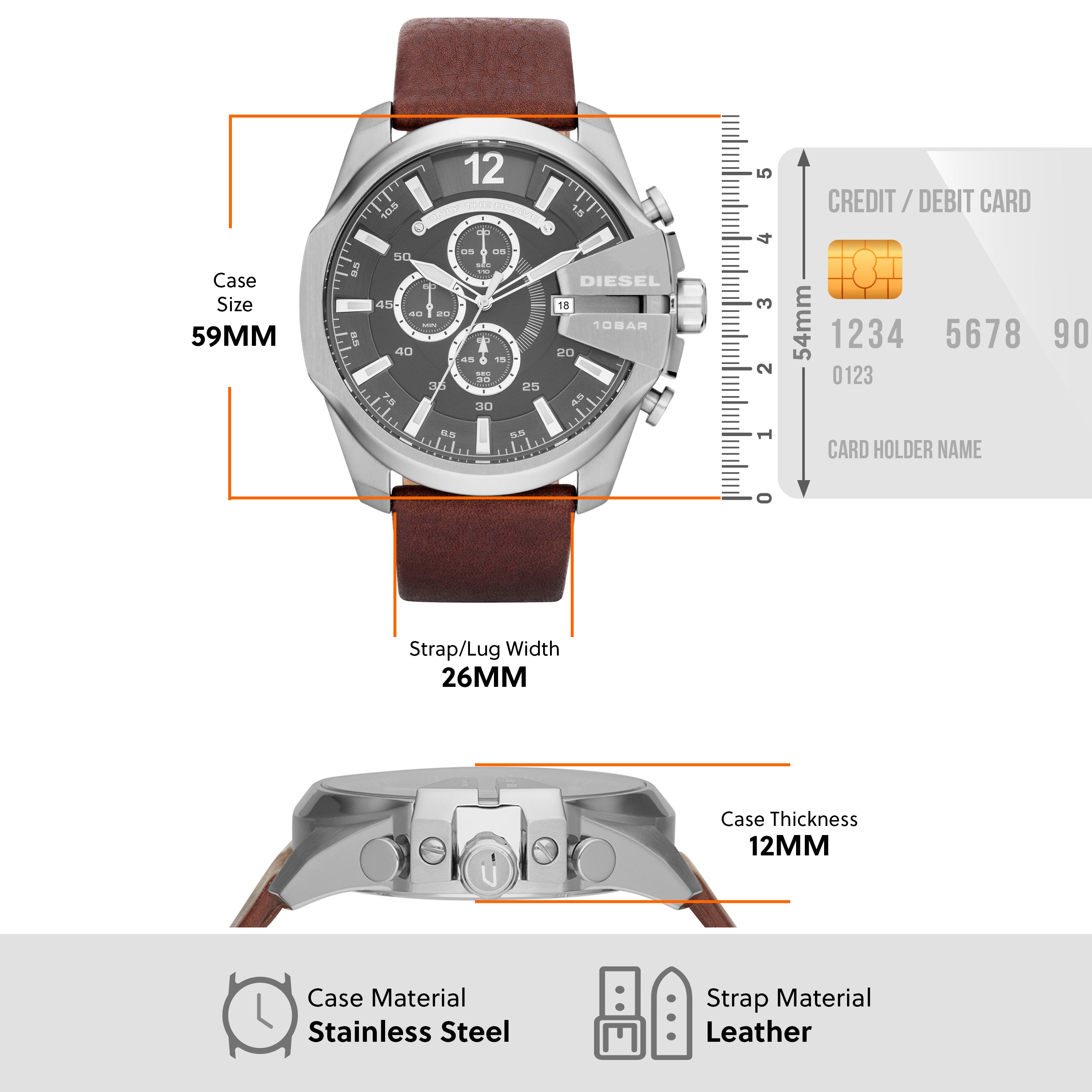 Men’s chronograph wristwatch with a brown leather strap and stainless steel case.