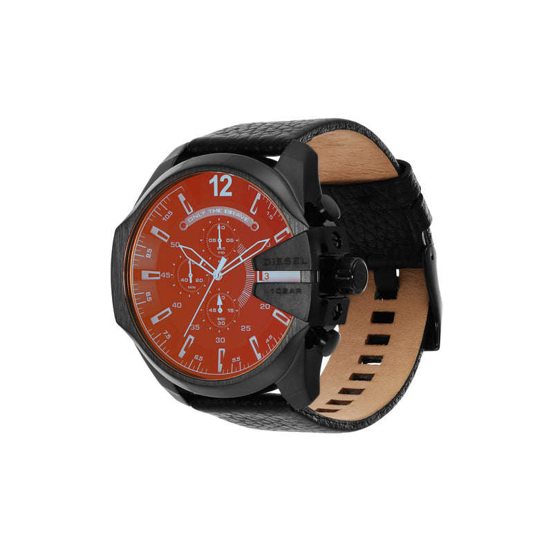 Stylish wristwatch with a red dial face and black leather strap.