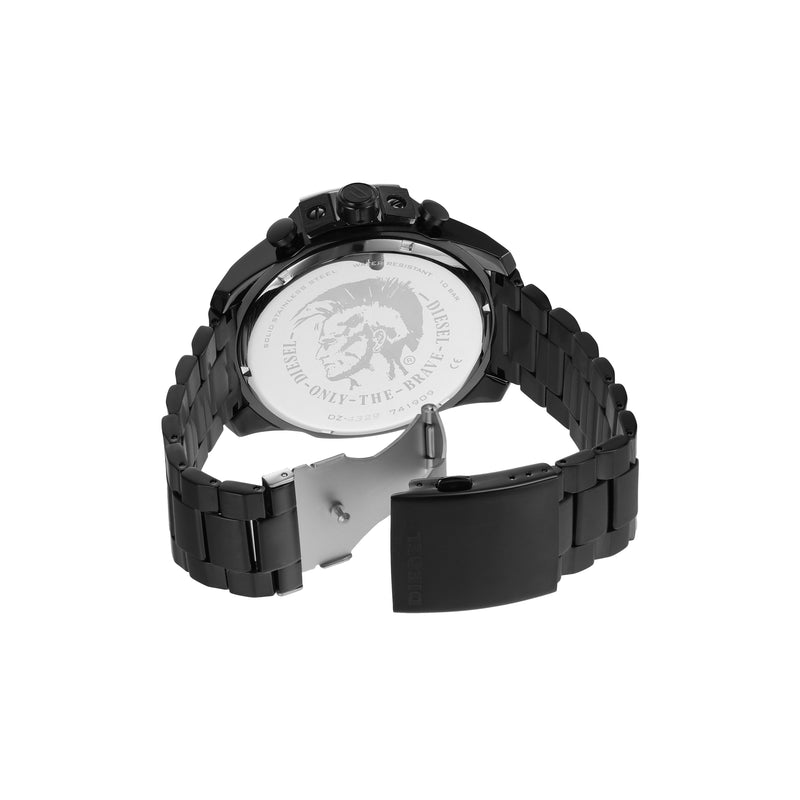 Black metal wristwatch with a visible caseback.