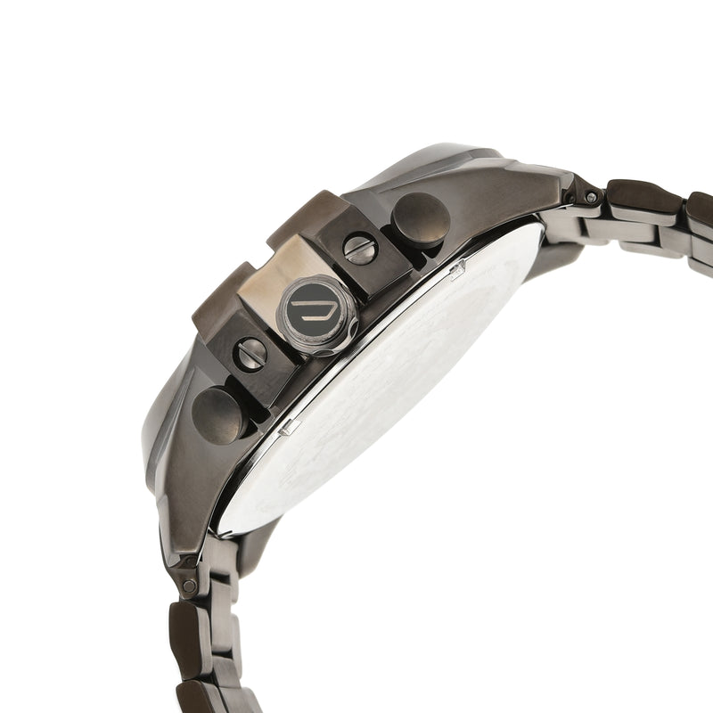 Metallic wristwatch with a chronograph-style face and linked bracelet.