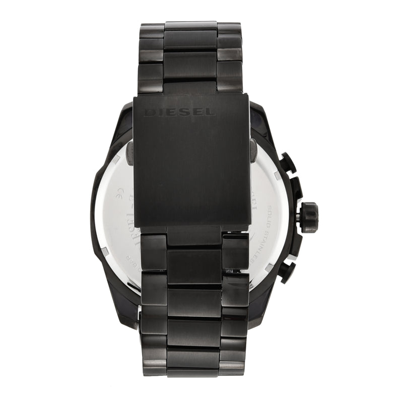 Black metal wristwatch with a chunky case and linked bracelet.