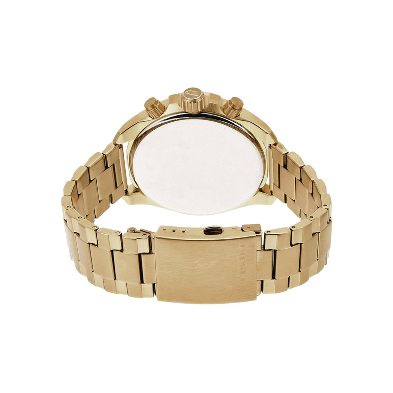 Gold-toned metal wristwatch with a linked bracelet band.