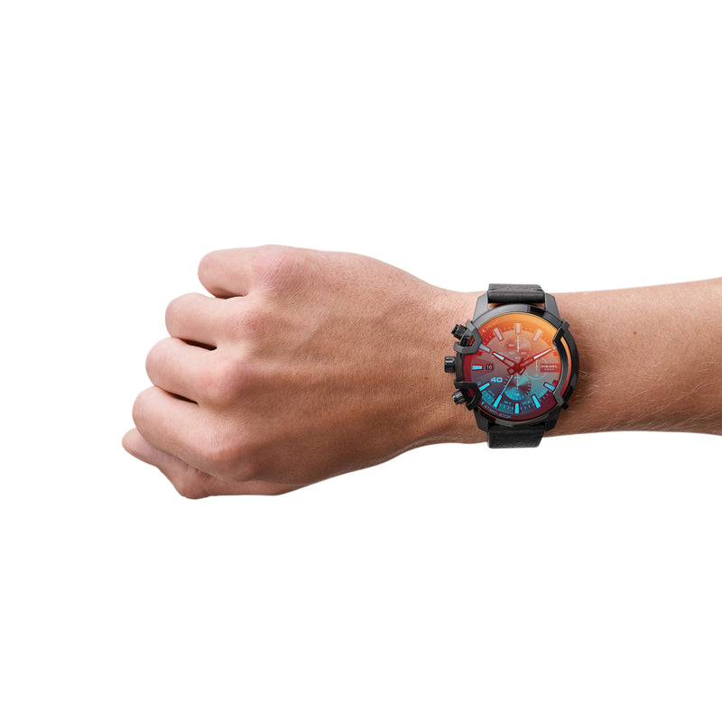 Colorful wristwatch with a vibrant abstract design on its face.