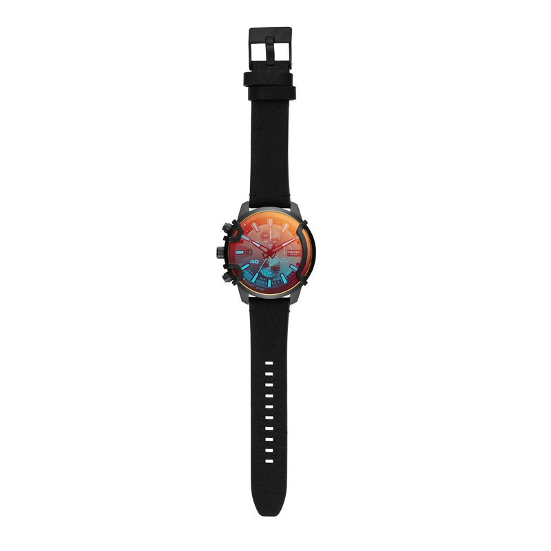 Wristwatch with a colorful abstract design on its face and a black strap.