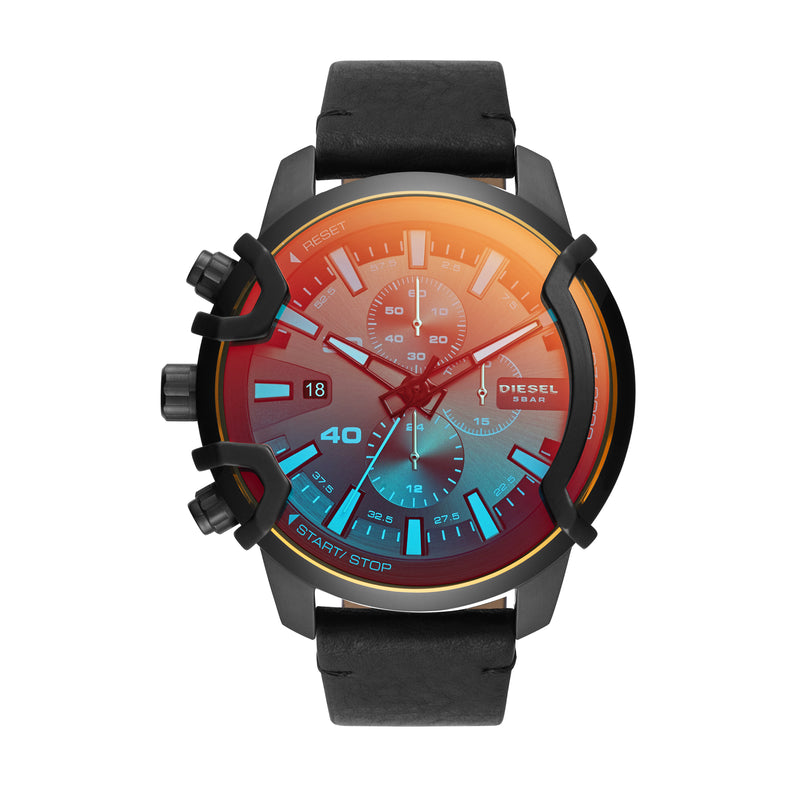 Stylish men’s wristwatch with a colorful gradient dial and black leather strap.