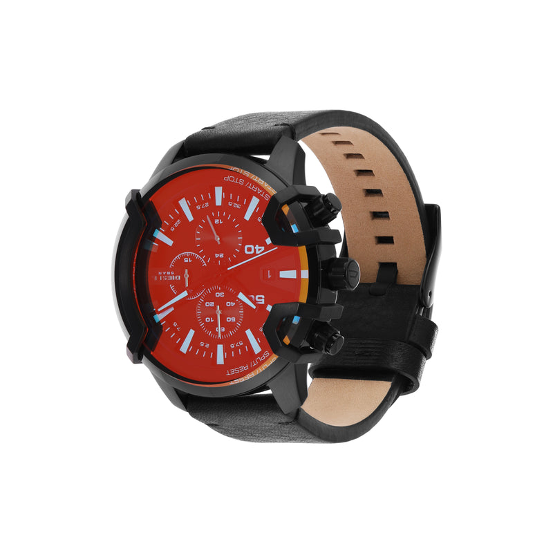 Stylish men’s wristwatch with a red dial face and black leather strap.