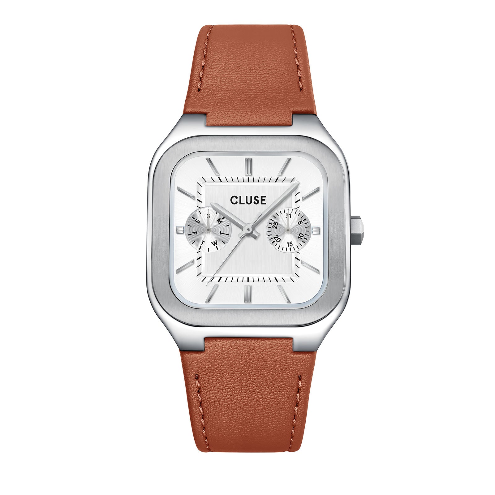 CLUSE Quadrus Multifunction watch, white dial, brown leather strap CW26208