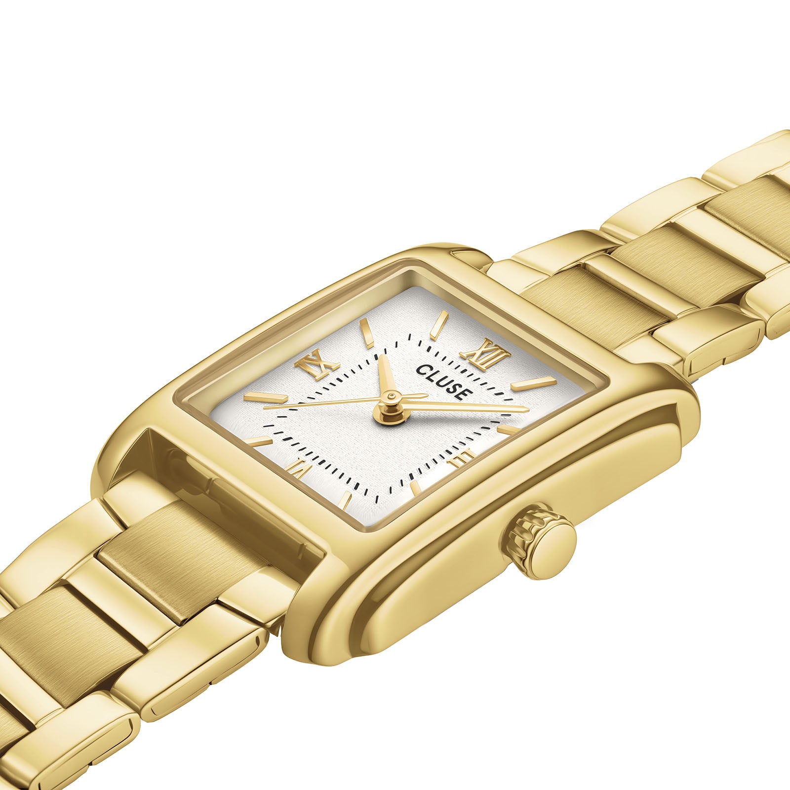 CLUSE Anglee watch, white dial, gold stainless steel strap CW16601, angled view