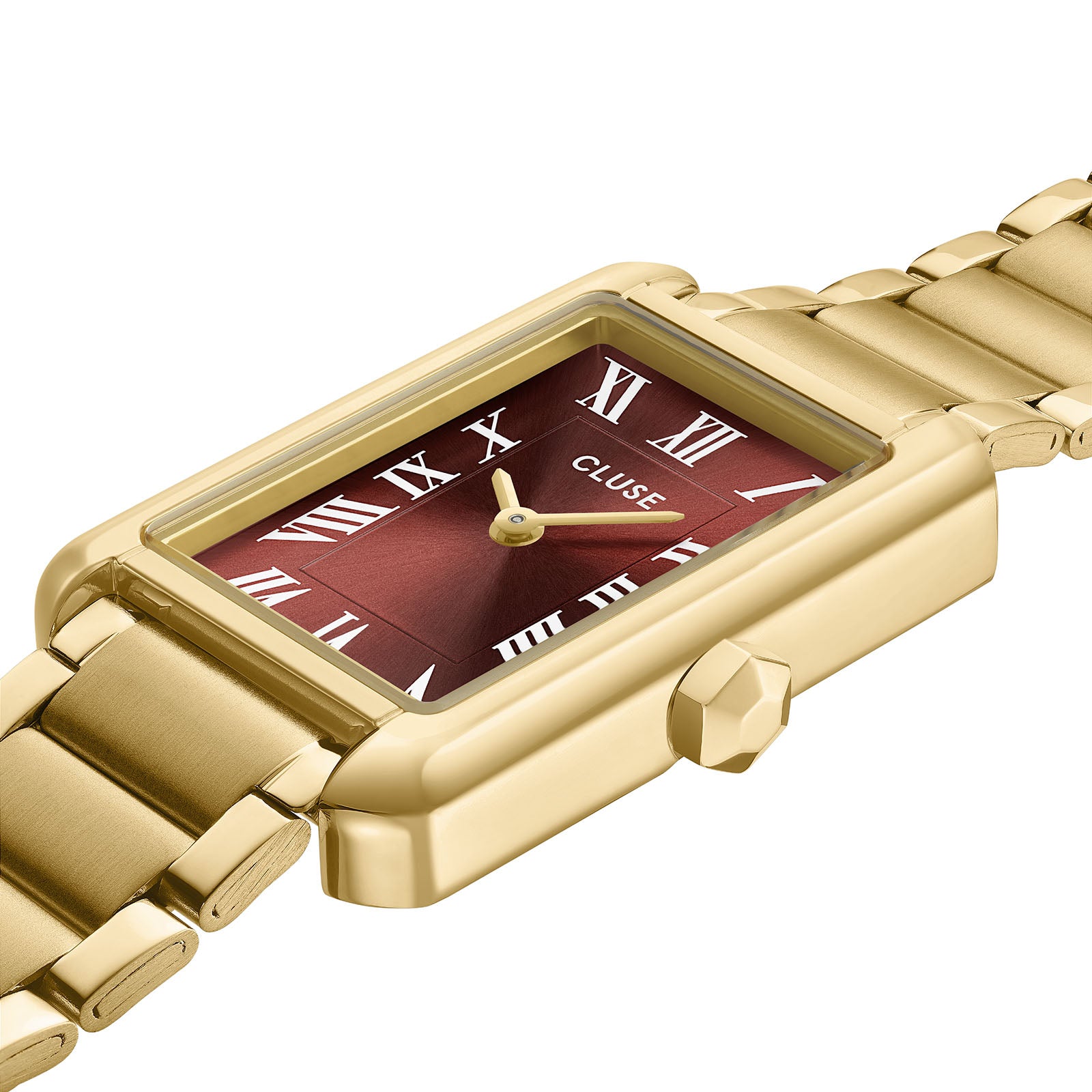 CLUSE Belisenna watch, brown dial, gold stainless steel strap CW15010, angled view