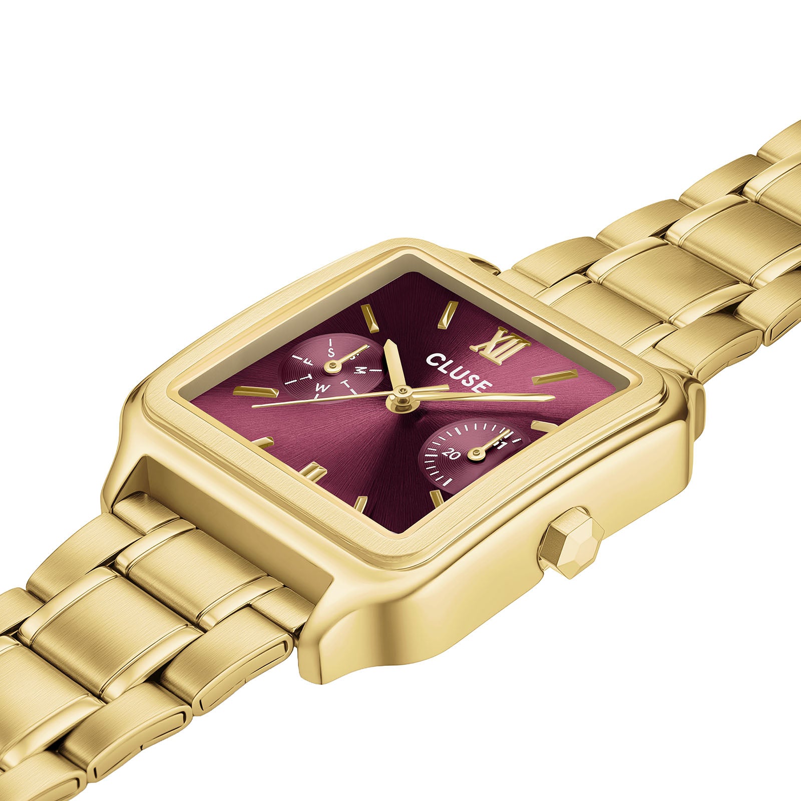 CLUSE Gracieuse Multifunction watch, burgundy dial, gold stainless steel strap CW16403, angled view