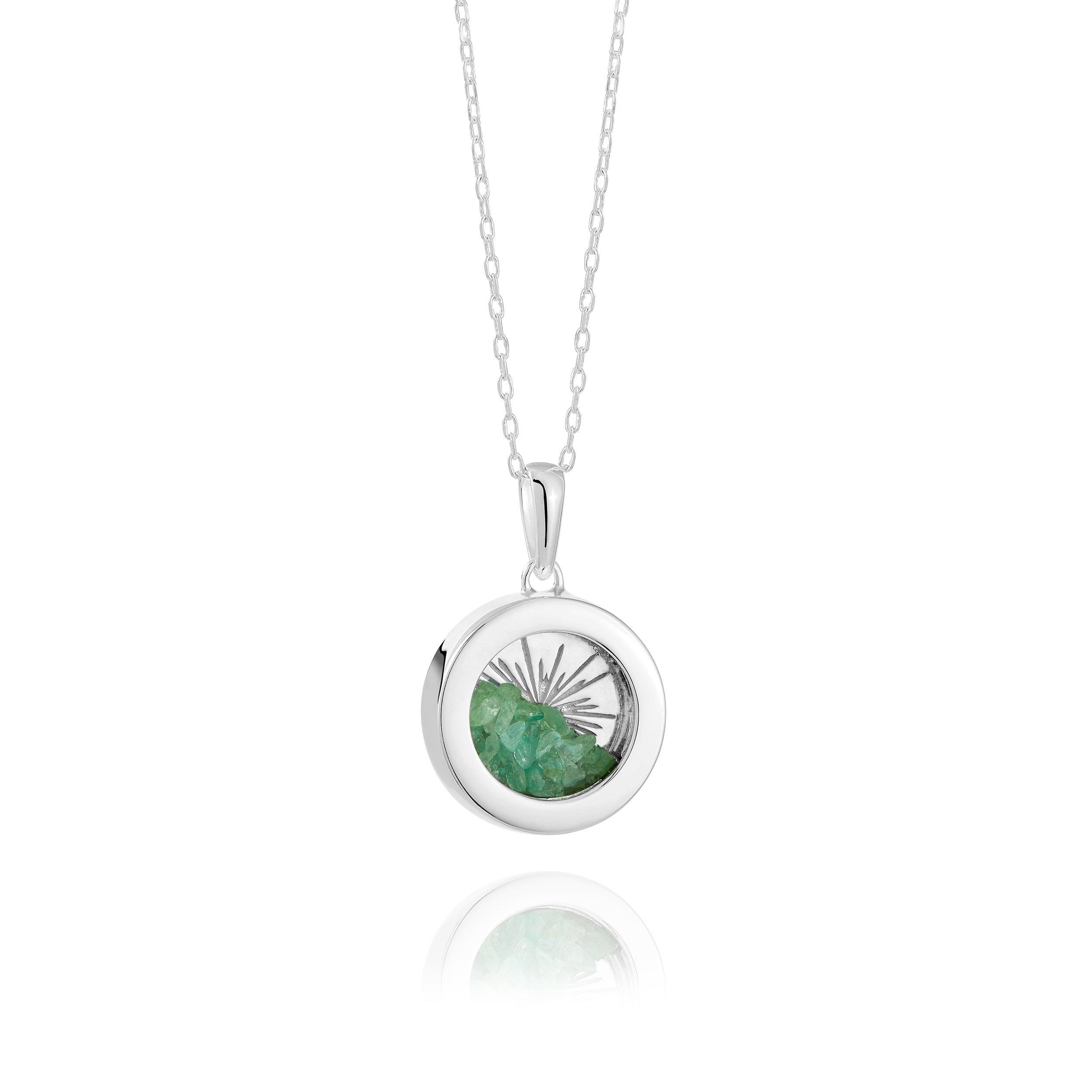 Rachel Jackson Small Deco Sun Amulet Birthstone Silver Necklace Emerald