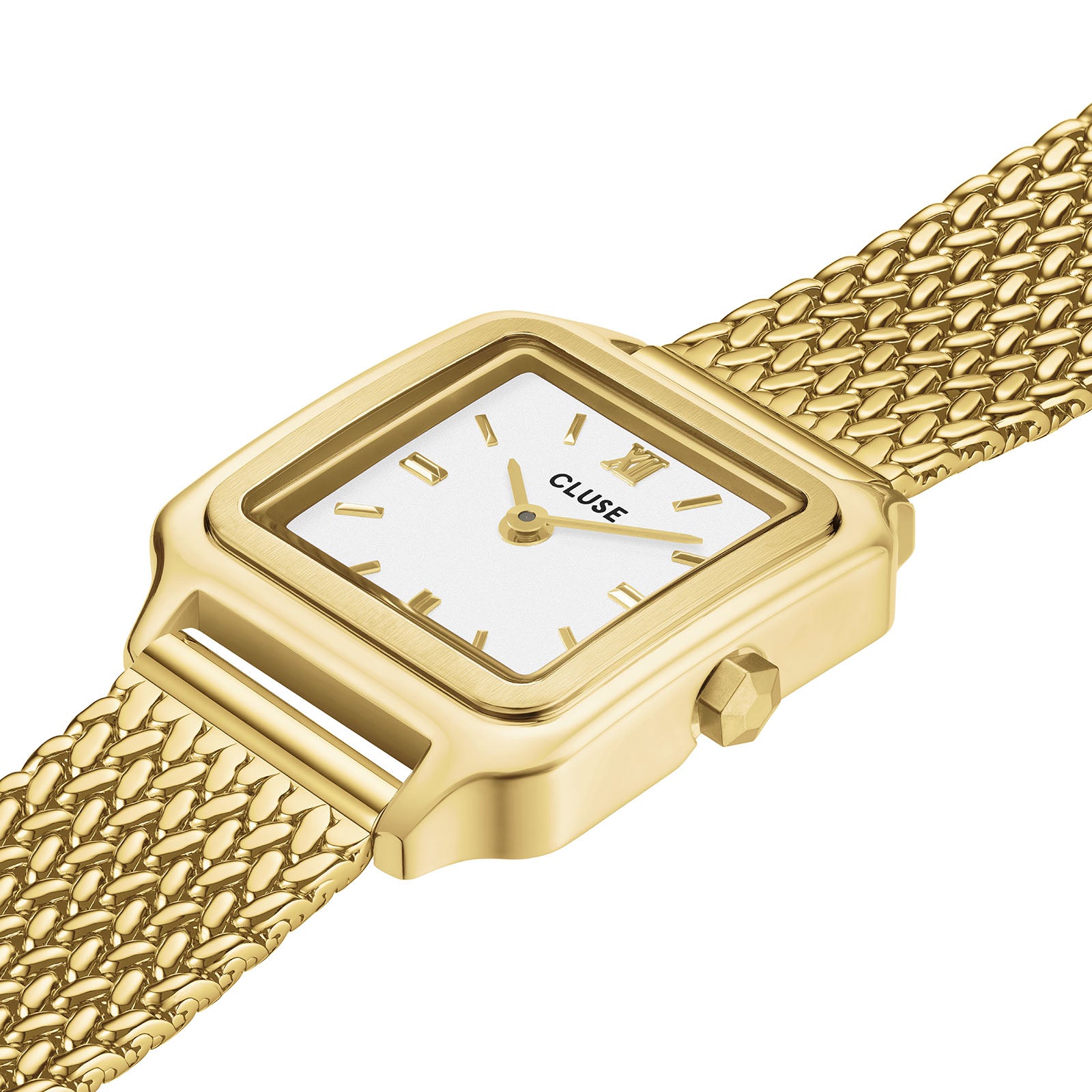 CLUSE Gracieuse Mini watch, white dial, gold stainless steel strap CW15509, angled view