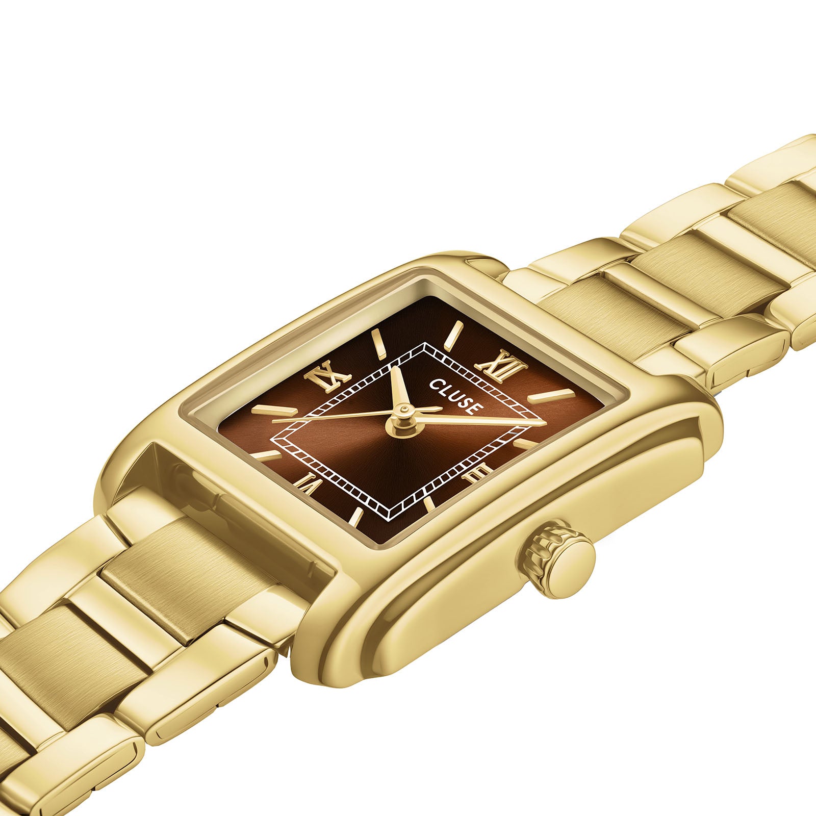 CLUSE Anglee watch, brown dial, gold stainless steel strap CW16604, angled view