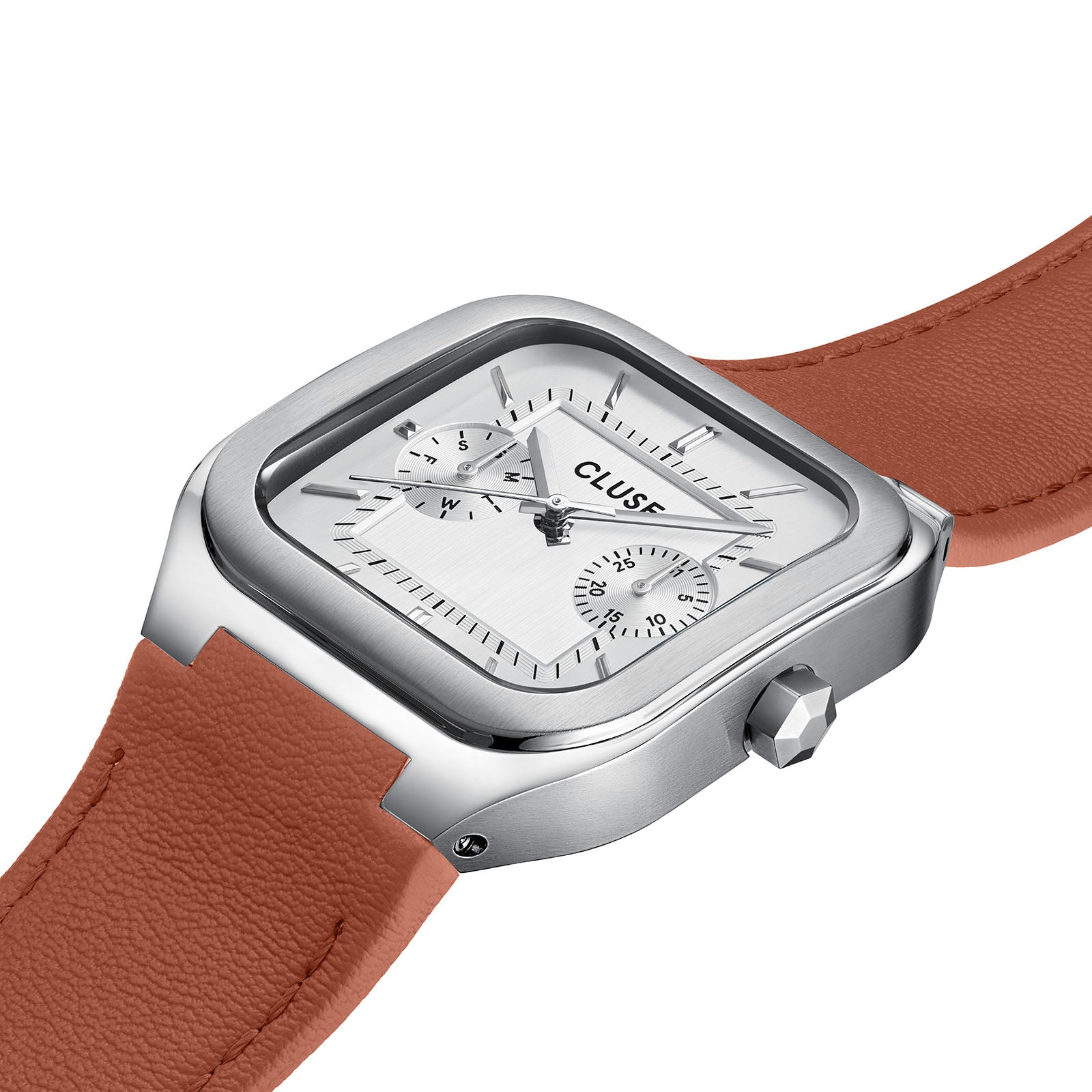CLUSE Quadrus Multifunction watch, white dial, brown leather strap CW26208, angled view