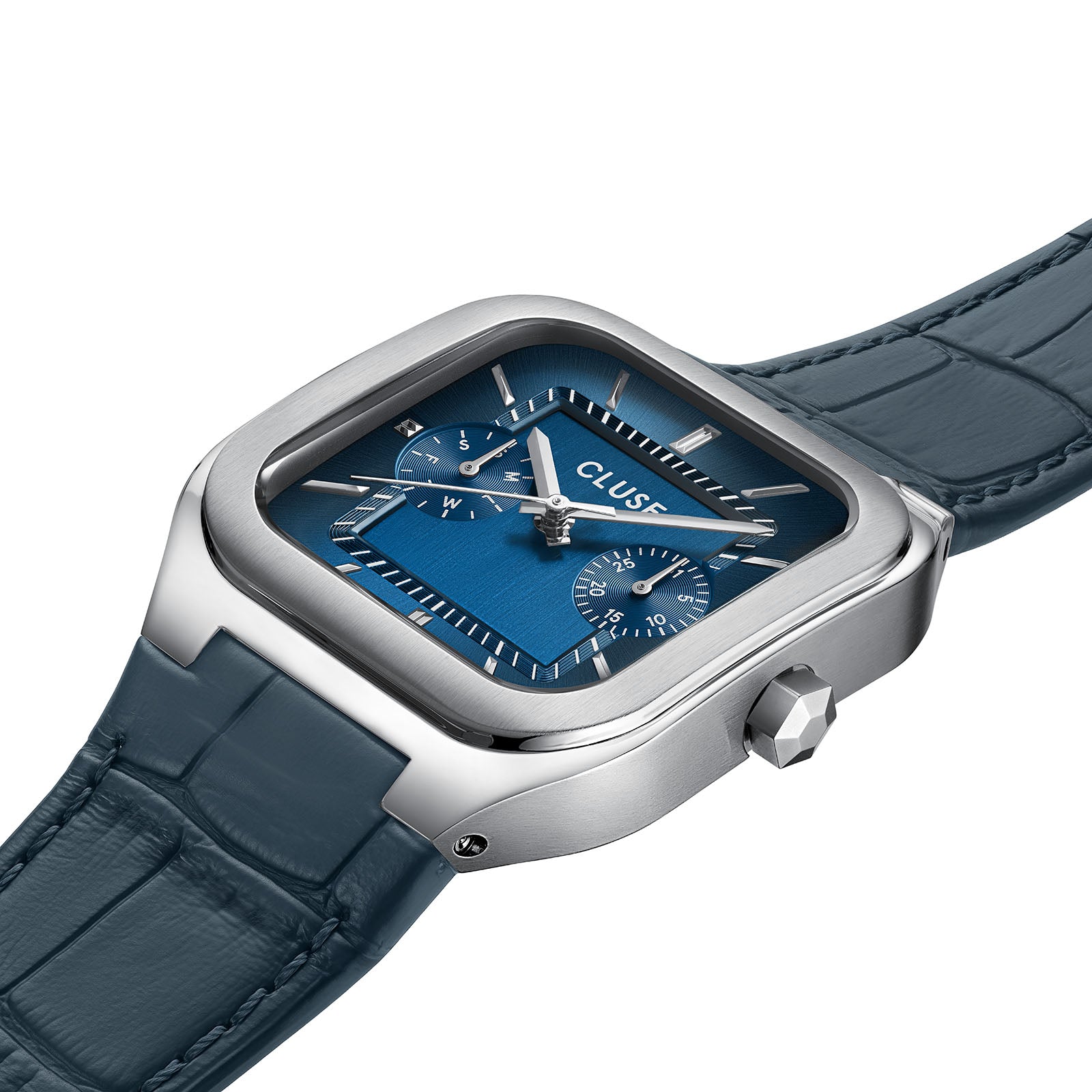 CLUSE Quadrus Multifunction watch, blue dial, blue leather strap CW26207, angled view