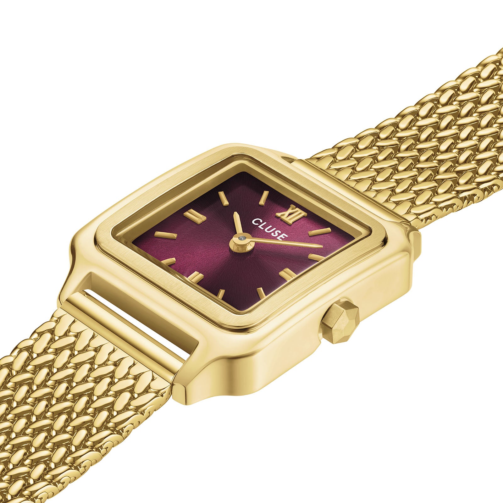 CLUSE Gracieuse Mini watch, burgundy dial, gold stainless steel strap CW15510, angled view