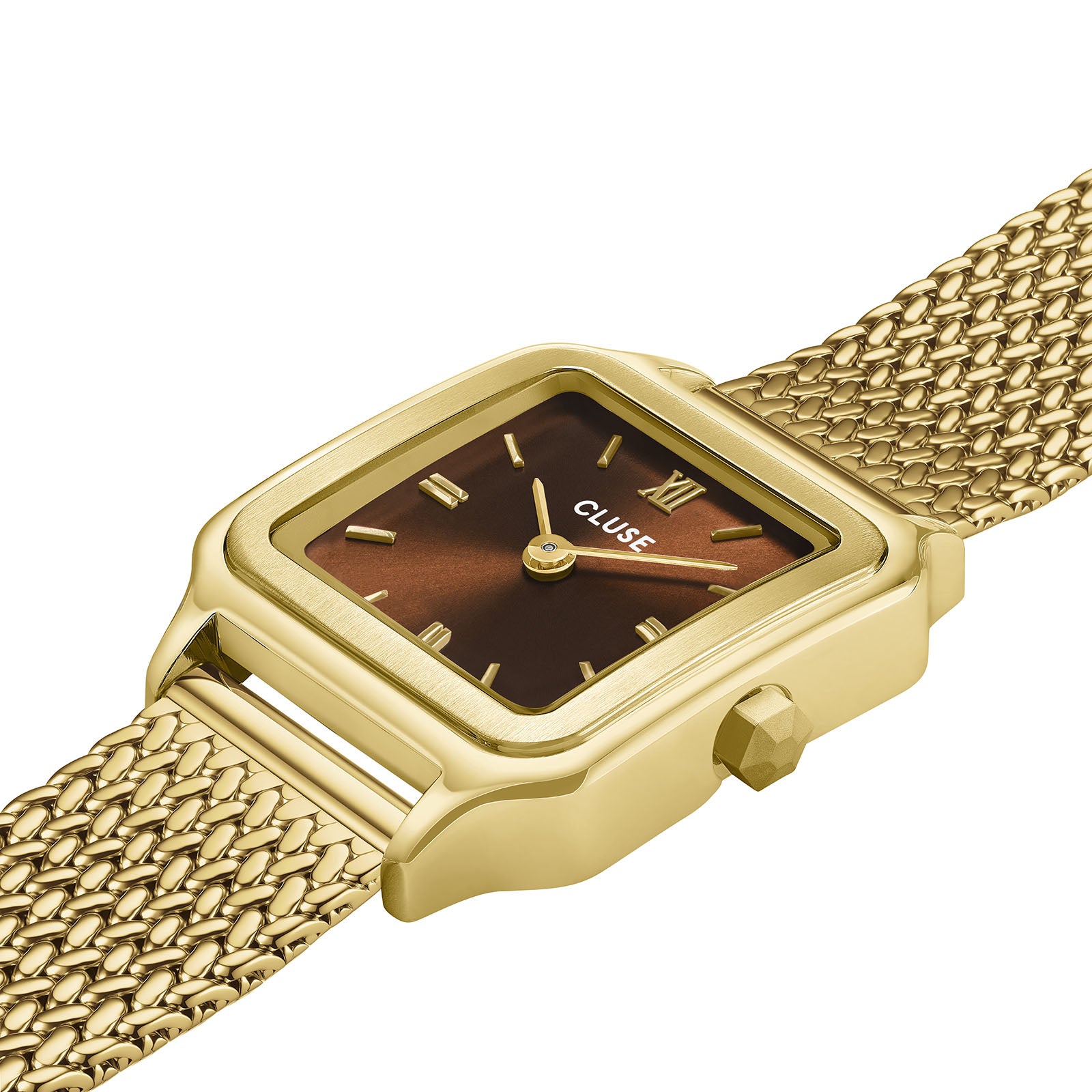 CLUSE Gracieuse Petite watch, brown dial, gold stainless steel strap CW11830, angled view