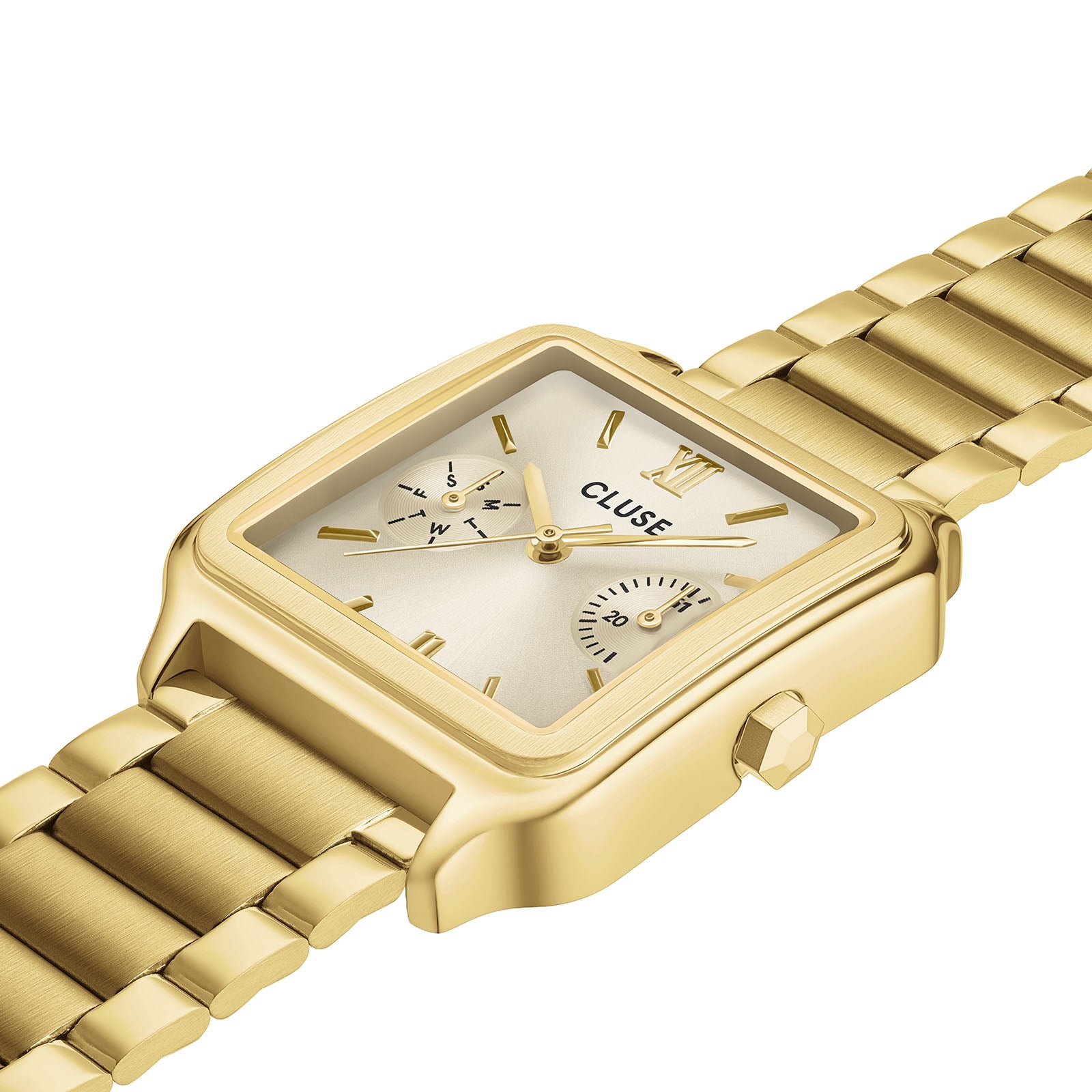 CLUSE Gracieuse Multifunction watch, gold dial, gold stainless steel strap CW16401, angled view