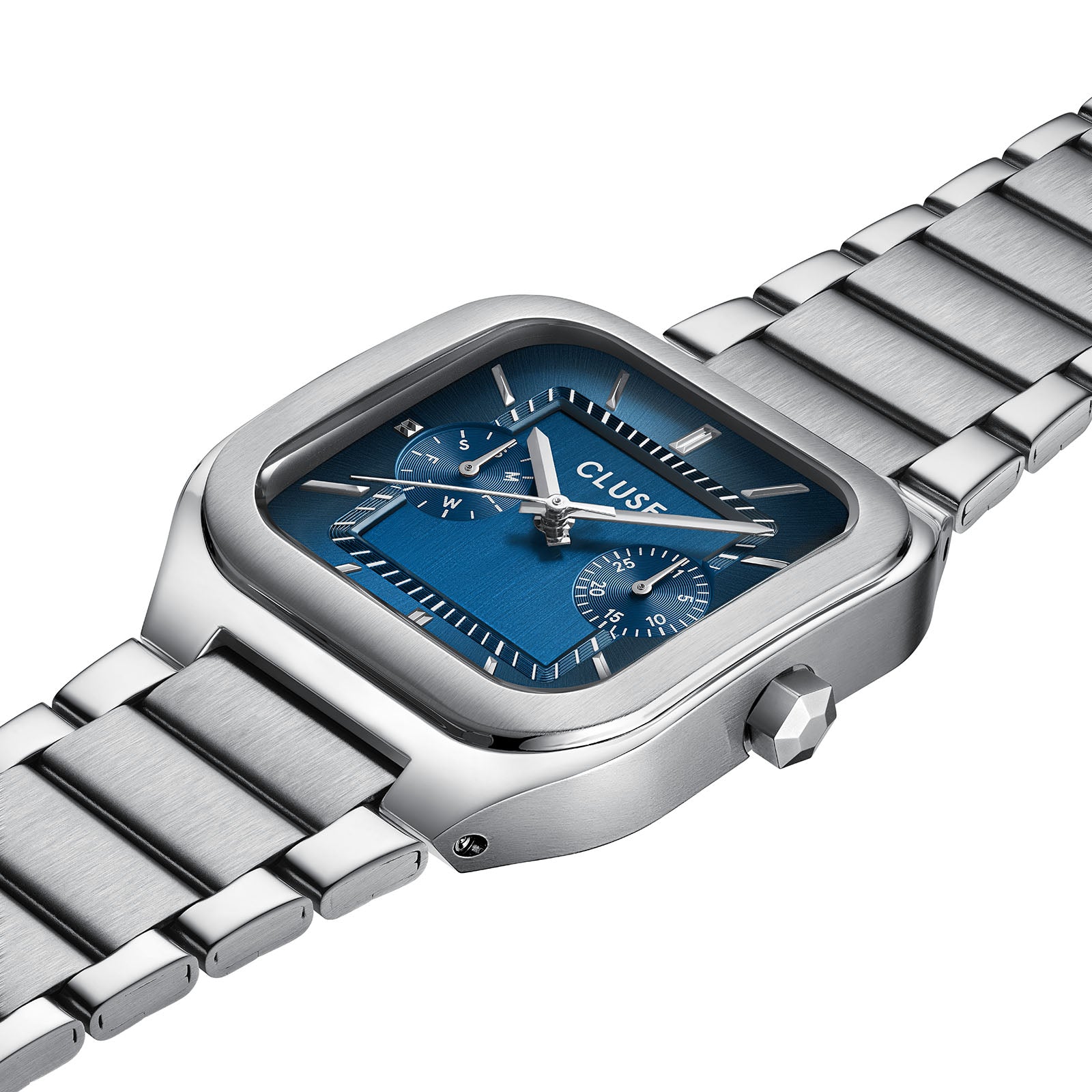 CLUSE Quadrus Multifunction watch, blue dial, silver stainless steel strap CW26209, angled view
