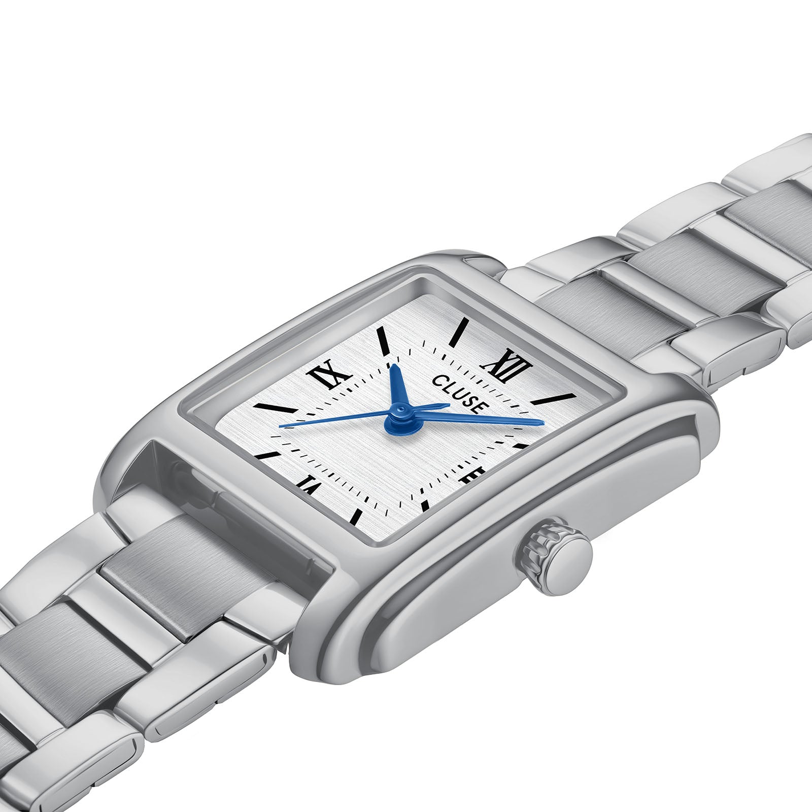 CLUSE Anglee watch, silver dial, silver stainless steel strap CW16602, angled view