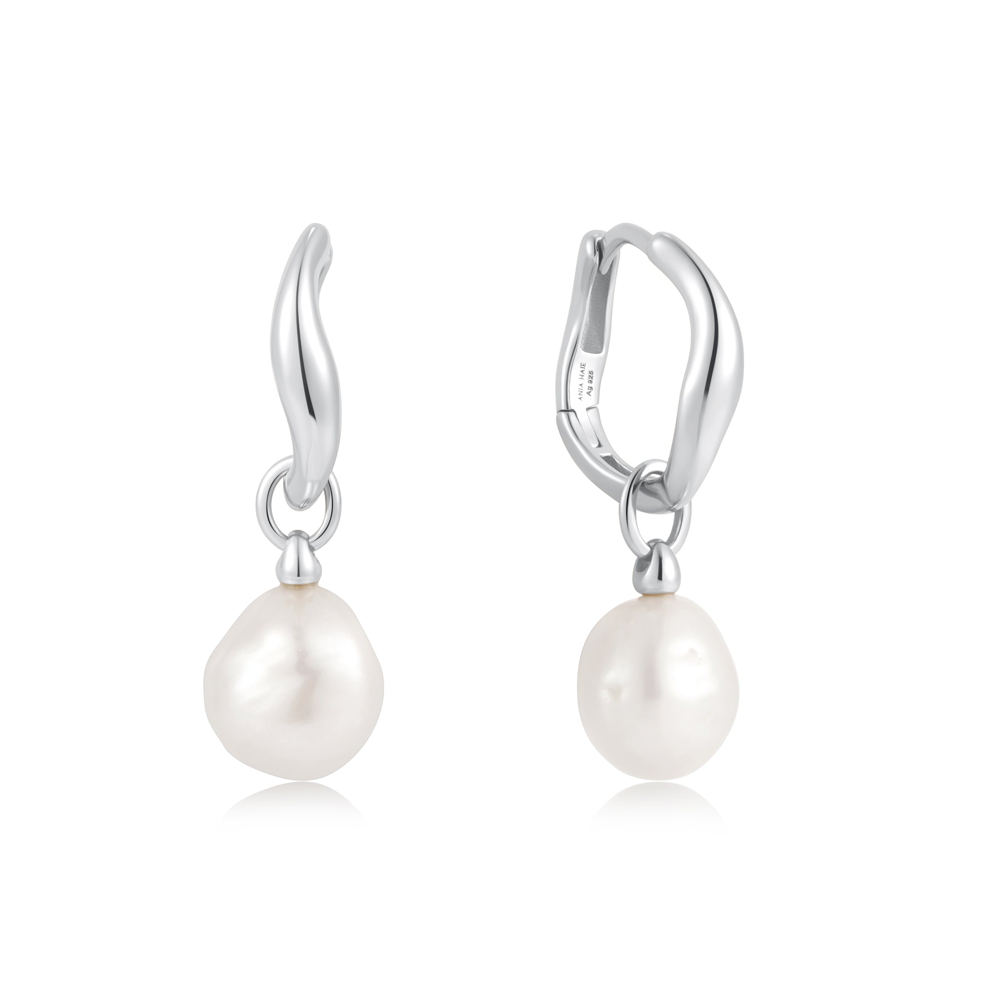 Ania Haie Silver Pearl Drop Hoop Earrings Modern Chic Statement
