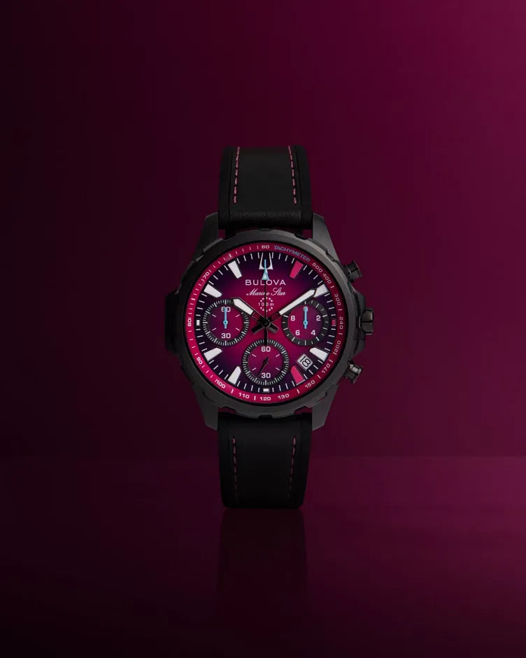 Bulova Marine Star E1 Team Miami 98B476 chronograph men's watch with magenta ombre purple dial and black rubber strap — strap detail