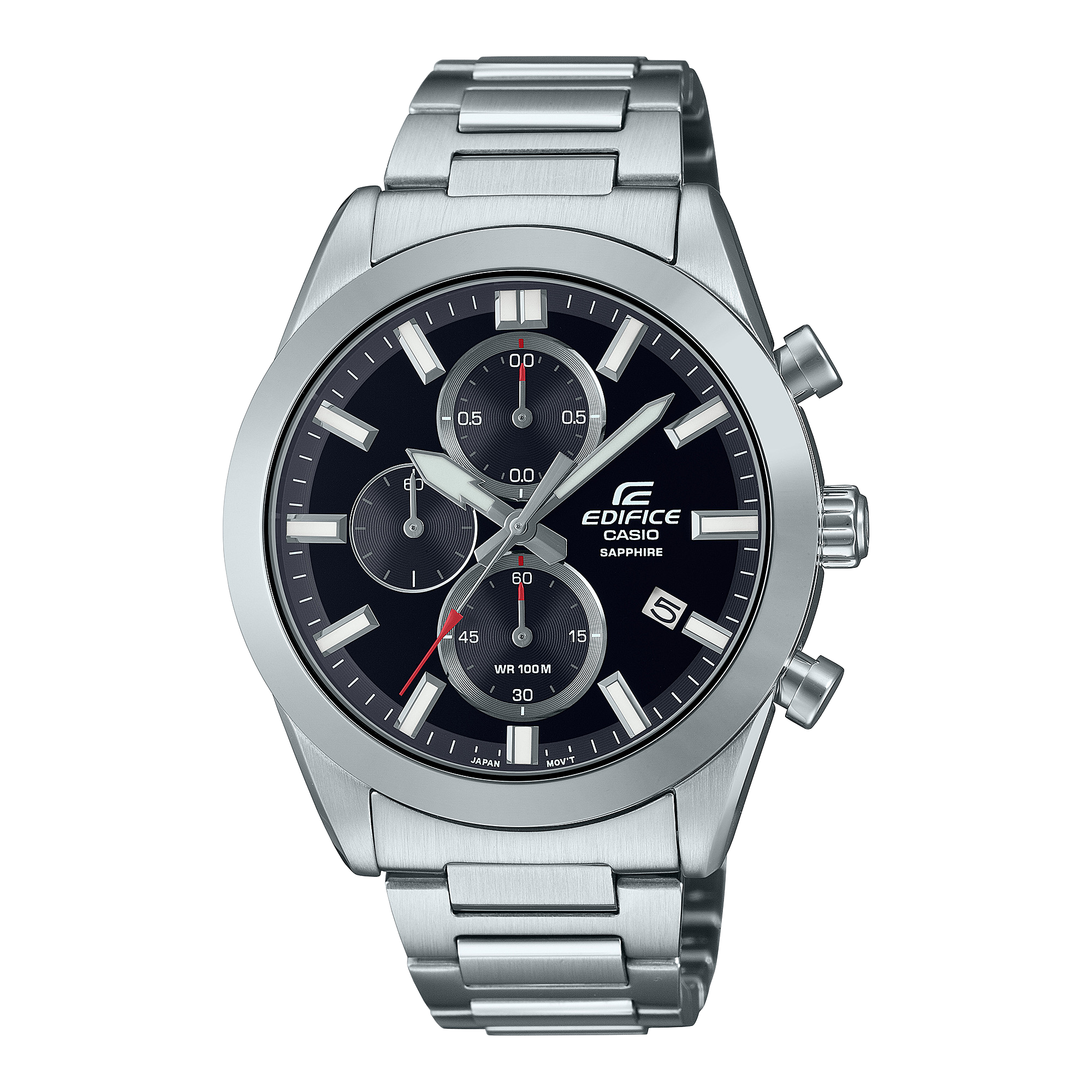Stainless steel chronograph wristwatch with a black dial and three subdials.