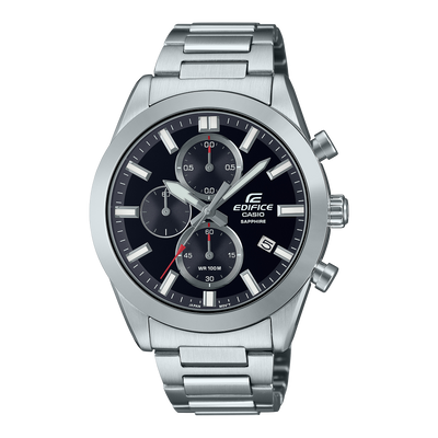 Stainless steel chronograph wristwatch with a black dial and three subdials.