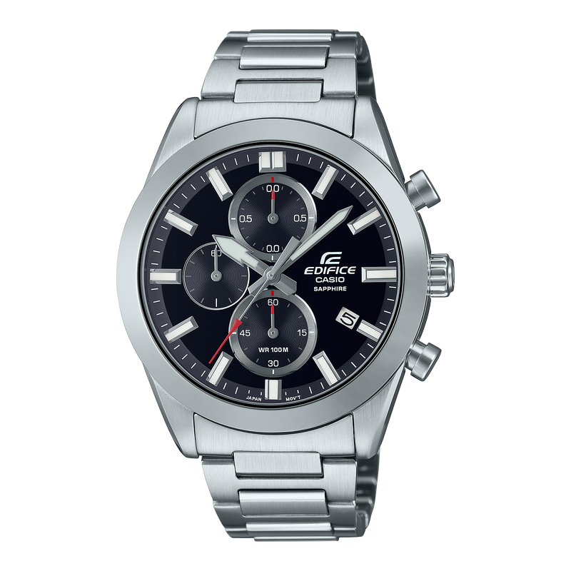 Stainless steel chronograph wristwatch with a black dial and three subdials.