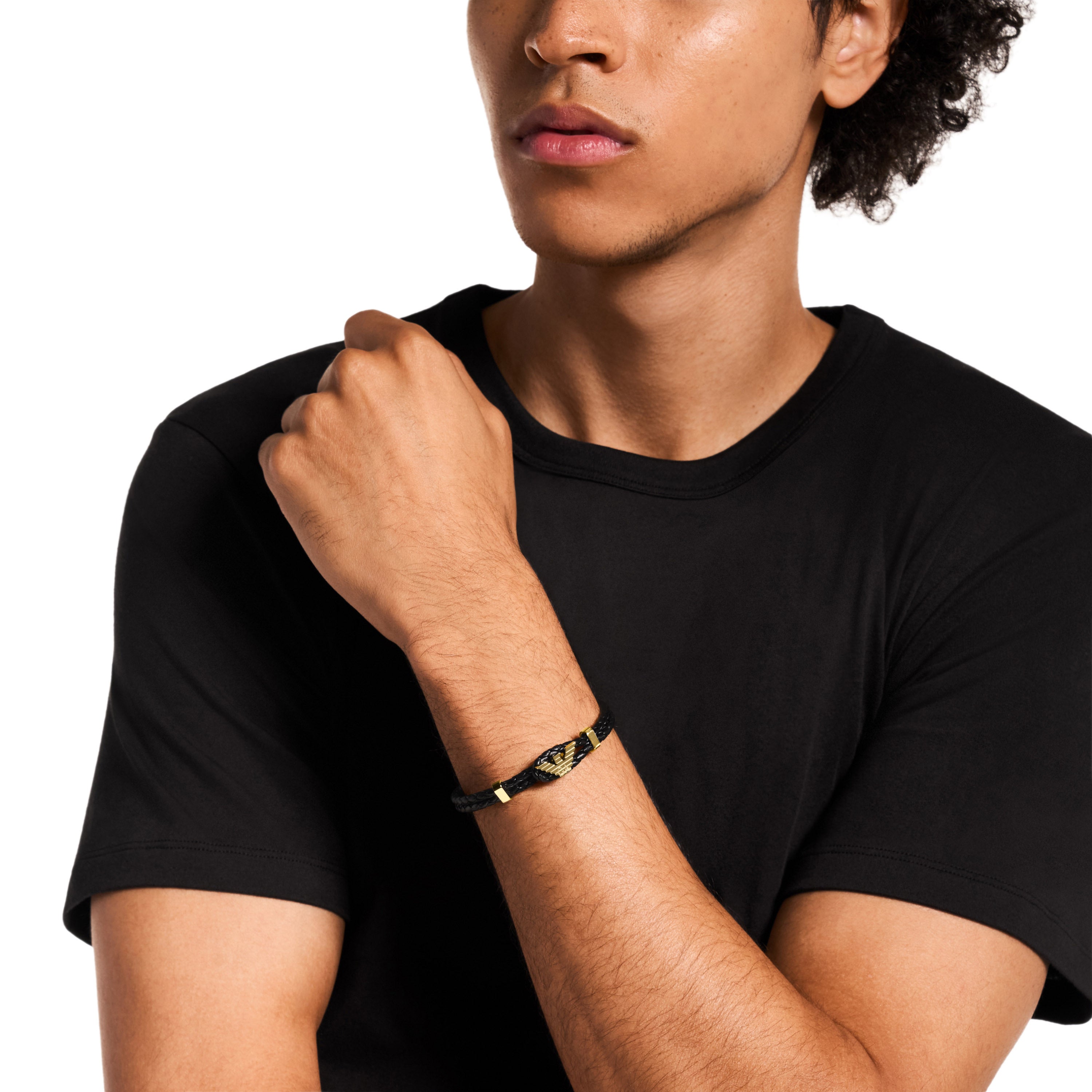 Armani Elegance Gold Metal Black Leather Bracelet EGS3321710