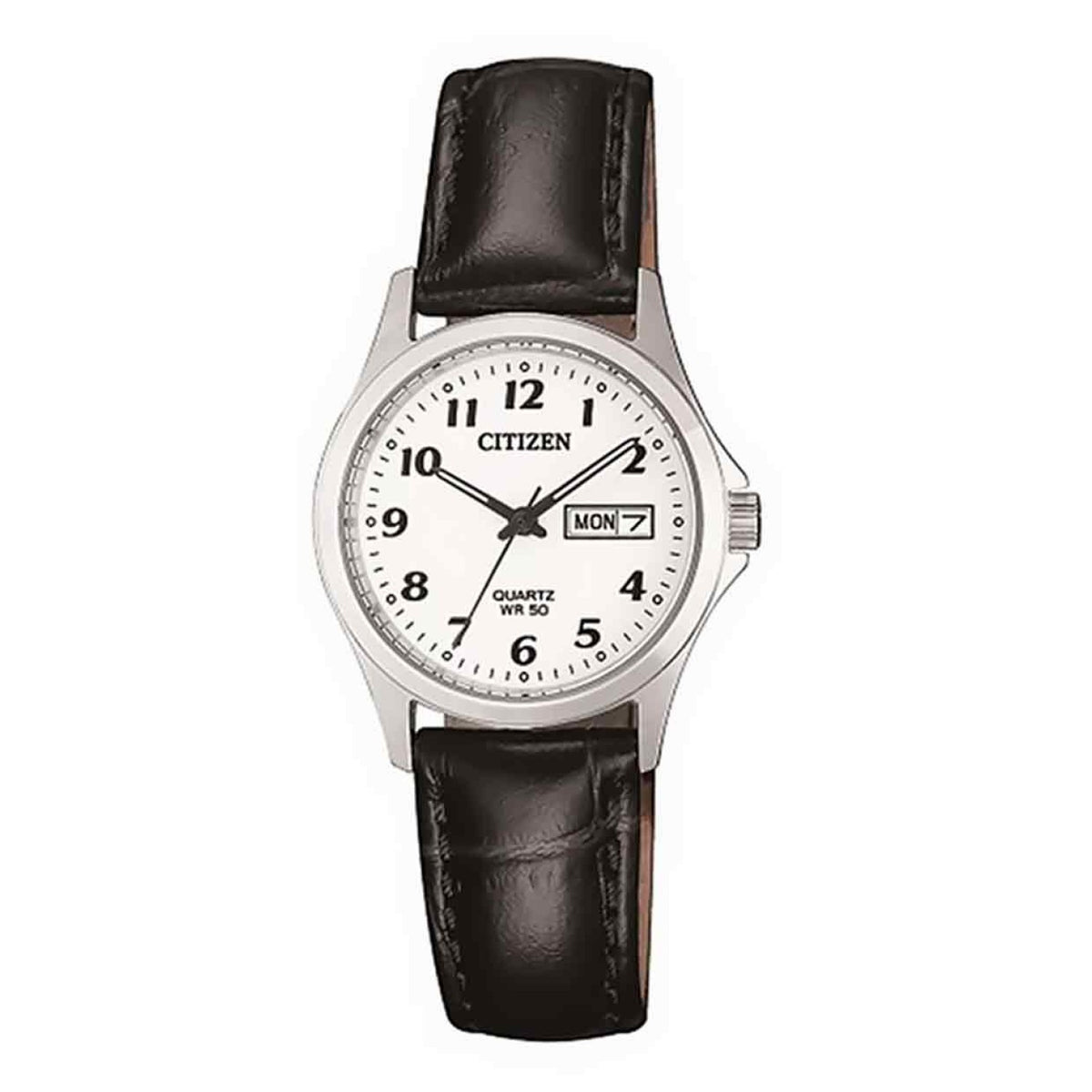Citizen EQ2000-02A ladies quartz watch, high-resolution front shot of the white dial with date, silver-tone bezel and dark leather strap