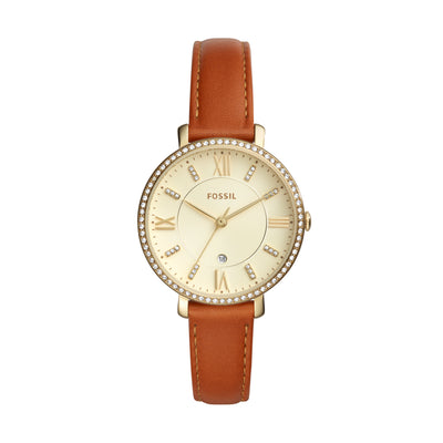 Elegant Fossil Jacqueline Women's Gold Dial Leather Strap Watch ES4293