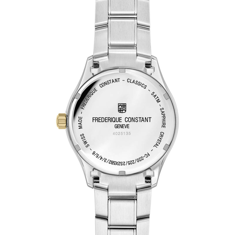 Silver wristwatch with a metal bracelet and visible caseback displaying the Frederique Constant brand name.