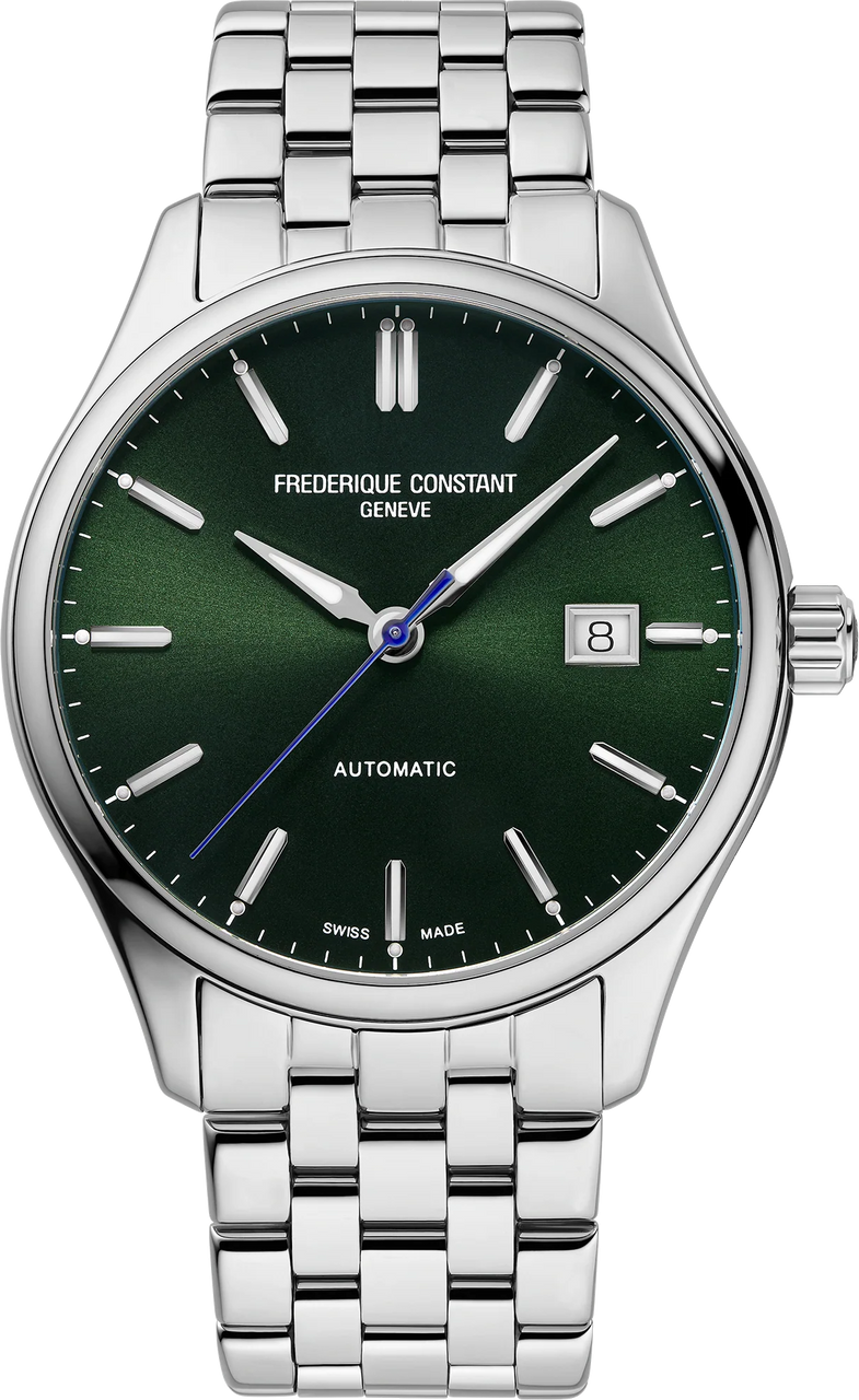 Stainless steel wristwatch with a green dial and date display.